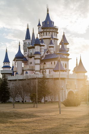 Fairytale castle with lens flare in public cultural park, Eskisehirのeditorial素材