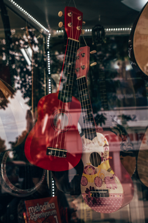 ISTANBUL, TURKEY - APR 29, 2016: Classical Guitars For Sale at a Music Shopのeditorial素材