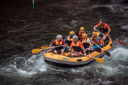Rize, Turkey - Aug 14, 2013: Rafting groups at the Firtina river in Karadeniz