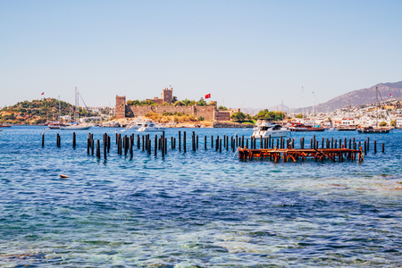 BODRUM, TURKEY - AUG 29, 2015: View of important historic landmark, Bodrum Castle from Mugla, Turkeyのeditorial素材