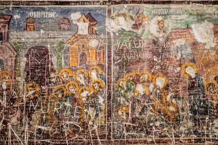 Trabzon, Turkey - Aug 15, 2013:  Interior view of Sumela Monastery, damaged Mother Mary and Jesus frescoesのeditorial素材