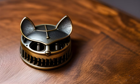 Vintage steampunk cat on wooden background, generated by AIの素材