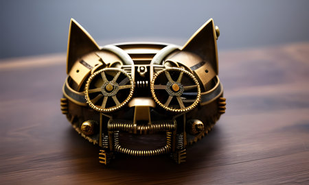 Vintage steampunk cat on wooden background, generated by AIの素材