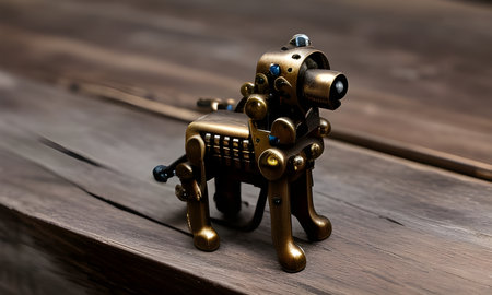 Vintage steampunk dog on wooden background, generated by AIの素材