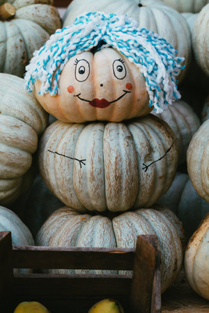 Pumpkins stacked in a local storeの写真素材