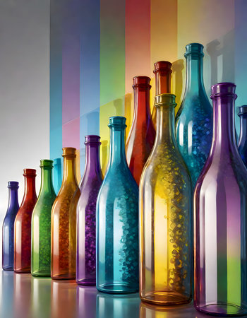 Rainbow colored bottles in a row, generated by AIの素材
