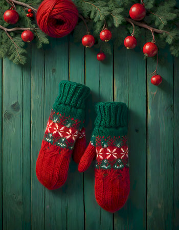 Knitted mittens, Christmas concept, generated by AIの素材