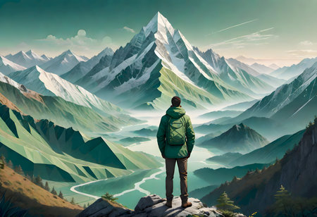 Man with raincoat against mountain landscape, generated by AIの素材