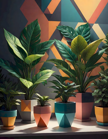 Plants in vibrant pots, generated by AIの素材