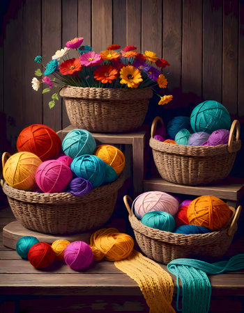 Vibrant woolen knitting yarns in baskets, generated by AIの素材