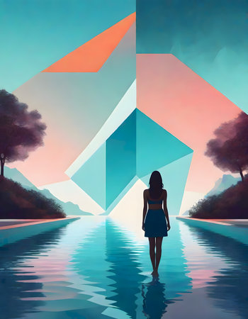 Woman standing beside a pool, generated with AIの素材