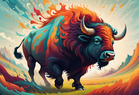 Colorful and lively bison illustration, generated with AIの素材