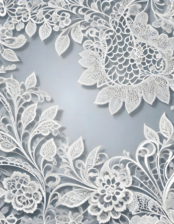 Delicate white lace floral pattern on light blue background, generated with AI.の素材