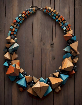 Colorful geometric bead necklace displayed on a wooden surface, generated with AI.の素材