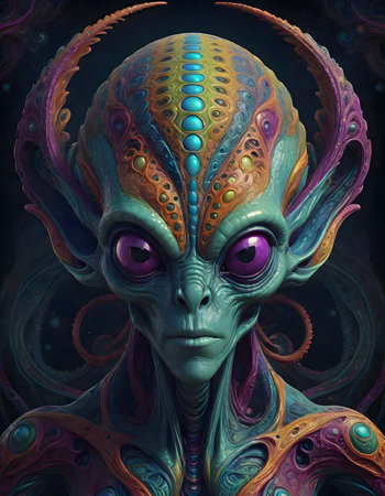 Alien creature exhibits a mix of emotions on its face, its peculiar expression a blend of curiosity and bewilderment, generated with AI.の素材