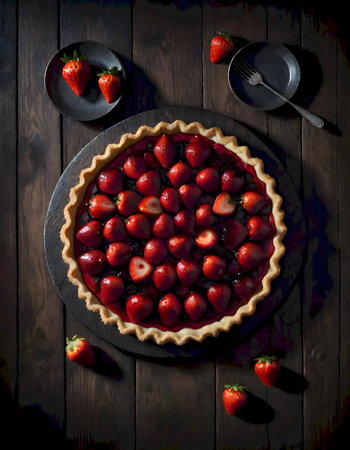 Scrumptious strawberry tart on dark wooden background with fresh strawberries scattered and shadow play, aesthetic food photography, generated with AI.の素材