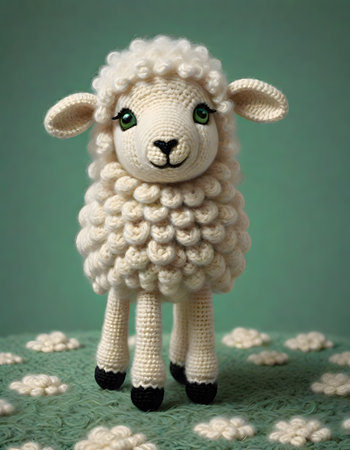 Fluffy white crochet sheep toy on vibrant green background, generated with AI.の素材