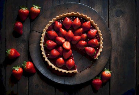 Freshly prepared strawberry tart on a rustic wooden table, emphasizing natural lighting and texture, generated with AI.の素材