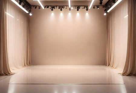 Modern minimalist interior featuring an elegant circular lighting fixture set in a soft, warmly lit environment, generated with AI.の素材