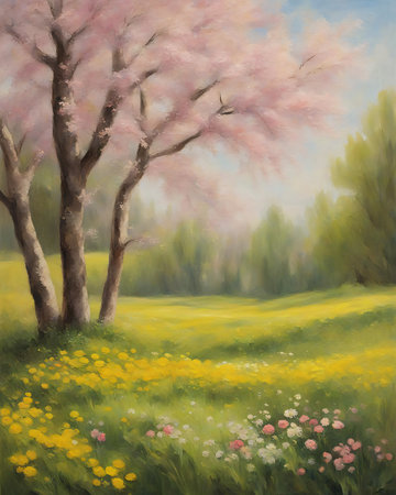 Vibrant landscape painting of a tree with pink blossoms, generated with AI.の素材