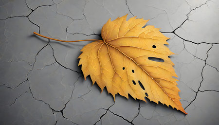 Yellow autumn leaf rests on a textured gray surface, symbolizing the transient beauty of nature and the changing seasons, generated with AI.の素材