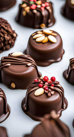 Chocolate candies in diverse shapes, offering a feast, Generative AI.の素材