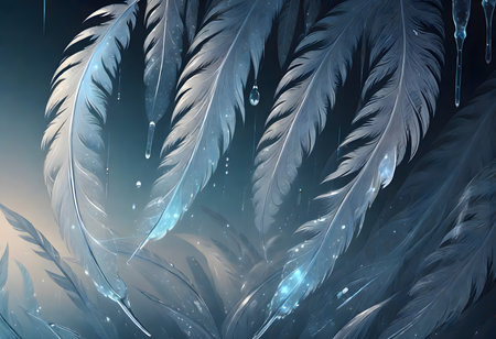 Blue, white feathers with droplets, frozen, giving the impression of a winter scene, Generative AI.の素材