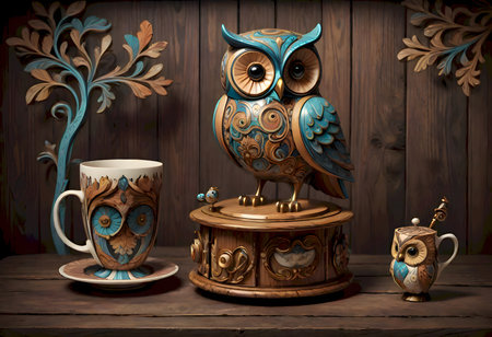 Wooden table with a blue and white owl on top of it with cup and bowl on the table, Generative AI.の素材