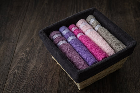 Towels of different colors folded and arranged in wicker basket on brown wooden background.の写真素材