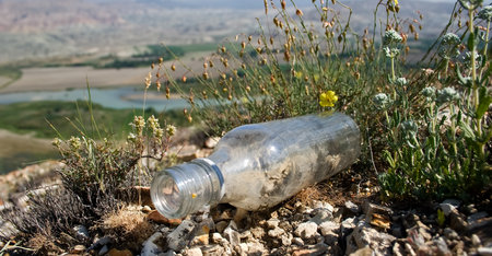 Discarded glass bottle lies among stones and garbage, highlighting the impact of pollution on the...