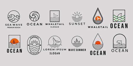 set of ocean or wave line art minimalist simple vector icon illustration designのイラスト素材