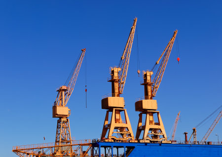 Cargo cranes in the port of Bremerhaven with a blue sky.
