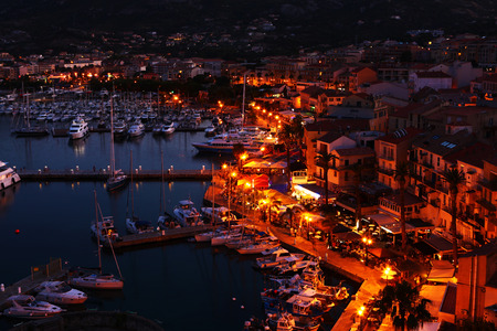 The harbor at Calvi, France seen from the Citadel at nightのeditorial素材