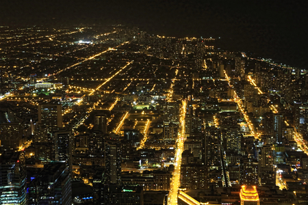 An Aerial view of Chicago, Illinois at nightのeditorial素材