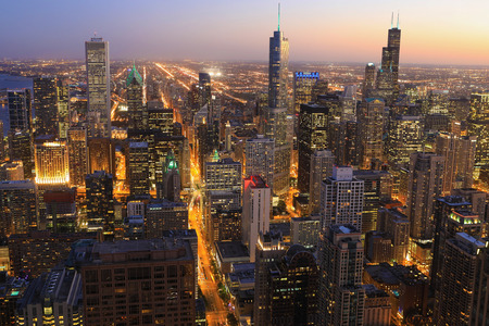 An Aerial of Chicago skyline at nightのeditorial素材