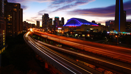 A Night view of the Rogers Center by expressway in Toronto Canada