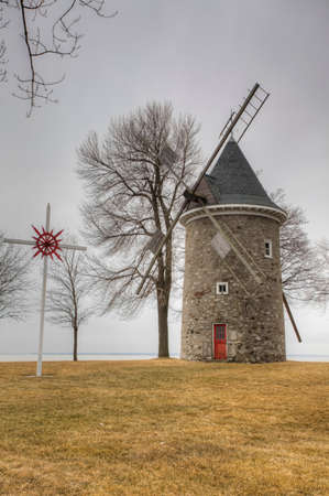 A Vertical of Moulin des Sulpiciens, a Stone Windmill from Quebec, Canada. Built 1709 on a French designのeditorial素材