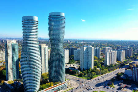 An aerial view of the Absolute World Complex in Mississauga, Ontario, Canadaのeditorial素材