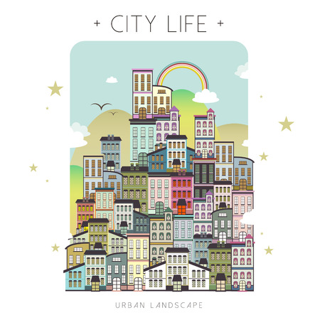 lovely city life scenery in flat designのイラスト素材