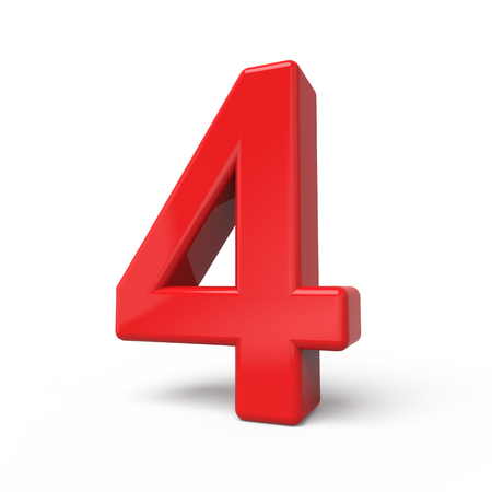 3d glossy red number 4 isolated on white backgroundの写真素材