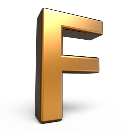 3d matte gold letter F isolated on white backgroundの写真素材