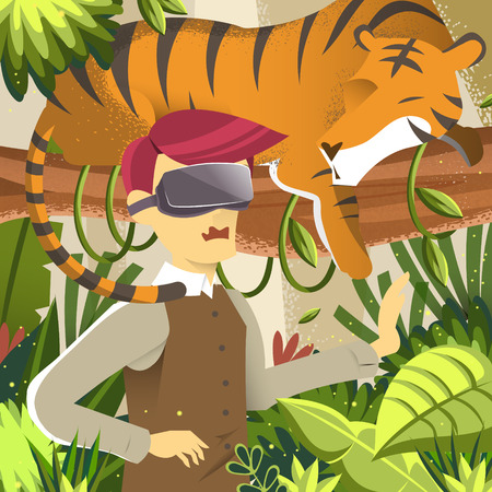 virtual reality flat design illustration - jungle expeditionのイラスト素材
