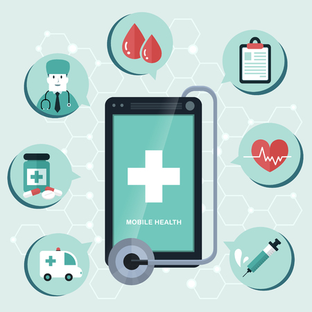 mobile health flat design illustration - track your health condition through devicesのイラスト素材