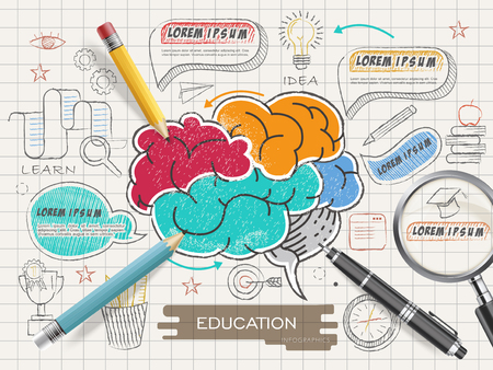 Education infographic template design with colorful brain in doodle styleのイラスト素材