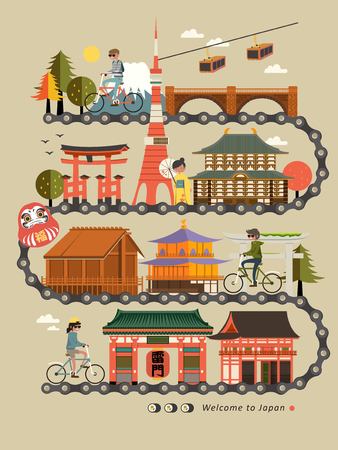 Japan bike travel map design with attractionsのイラスト素材