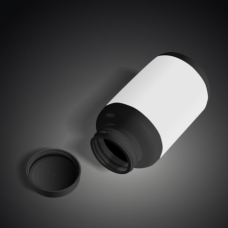 open medicine bottle with label isolated on black background. 3D illustration.の写真素材