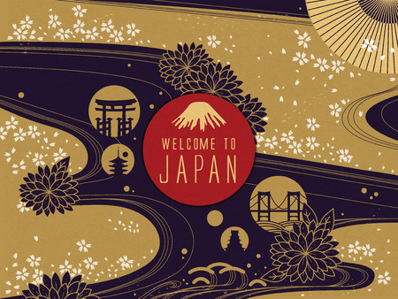 Elegant Japan travel poster, gorgeous floral background with welcome words