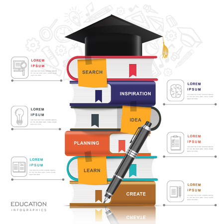 Education infographic design, graduation cap on a pile of books, doodling icons backgroundのイラスト素材