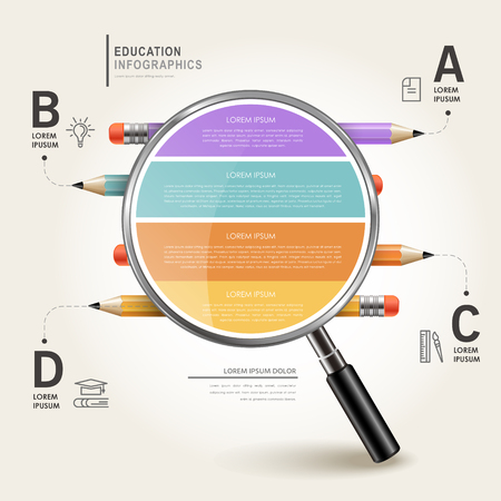 Education infographic design, magnifying glass look at colorful pencilsのイラスト素材