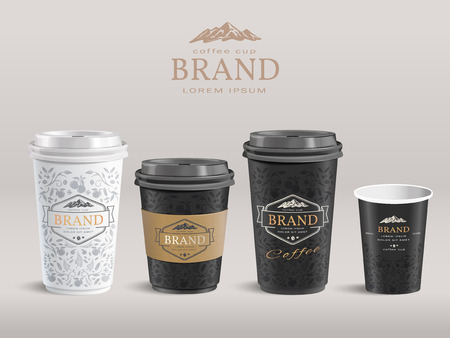 Elegant paper coffee cup design, takeaway cup packaging set with labels. 3D illustration.のイラスト素材